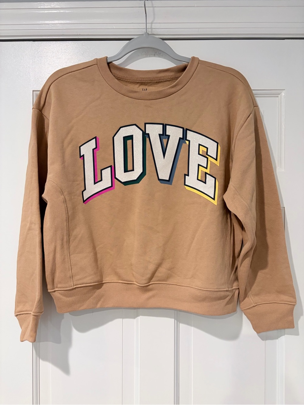 GAP Tan Crewneck Sweatshirt with Multicolor LOVE Graphic